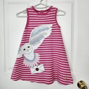 Mini Boden x Harry Potter Girls Stripe Dress Pink White Hedwig Owl Size 5 - 6